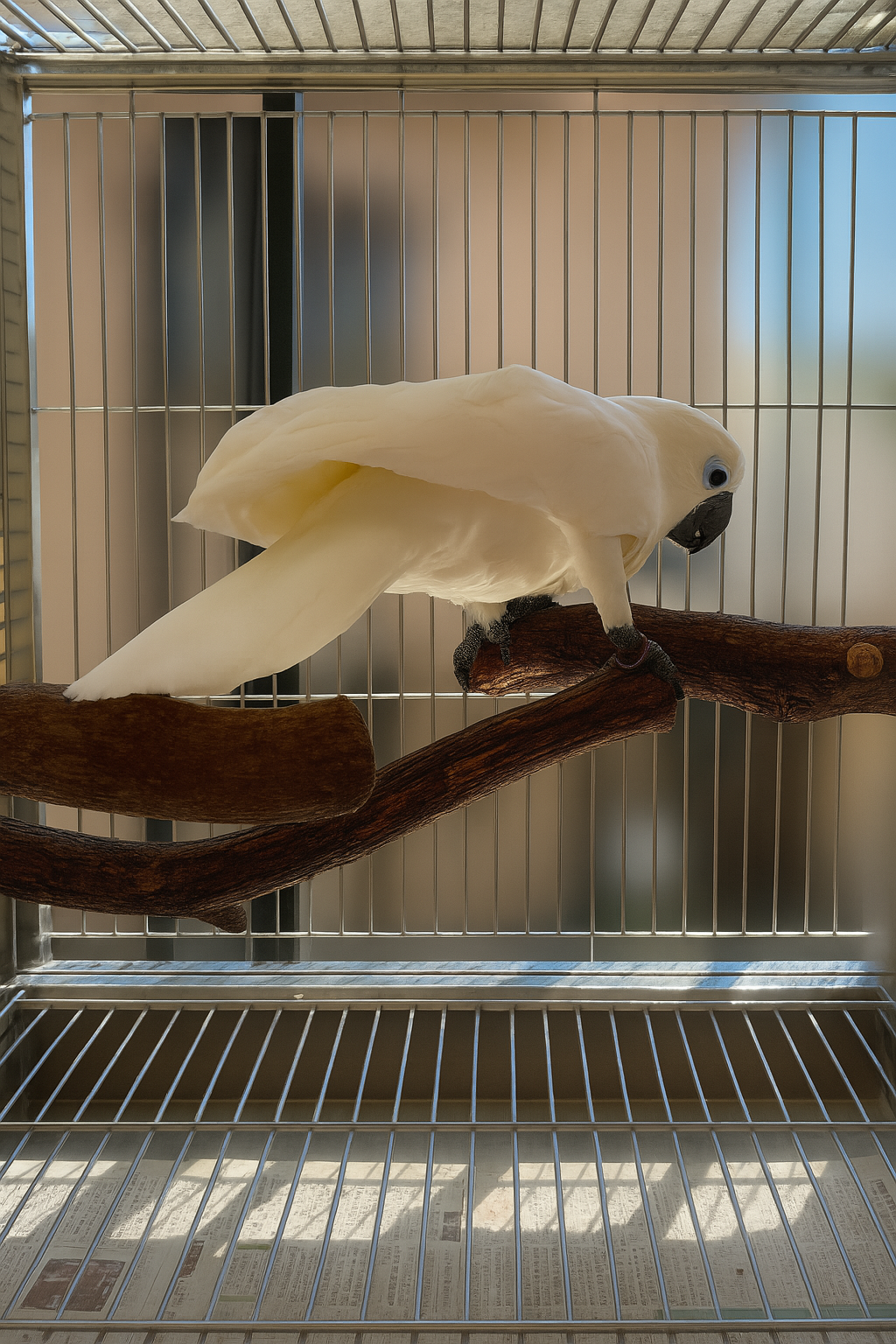 ルリメタイハクオウムが止まる天然ドラゴンウッド製止まり木